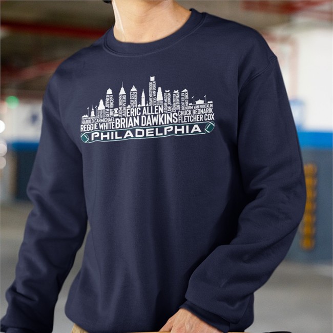 Jalen Hurts Eric Allen Brian Dawkins Philadelphia Football Team All Time Legends Hoodie Philadelphia City Skyline Johnny Ulecka