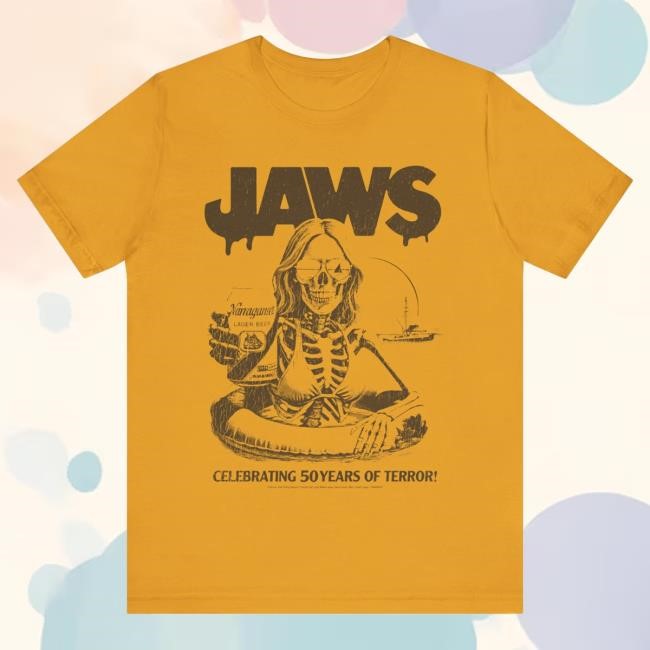 Jaws "Celebrating 50 Years Of Terror" Vintage Gold DTG Hot Shirt Sadist Art Designs Official