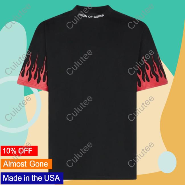 Official Vision Of Super Black T-Shirts With Printed Red Flames