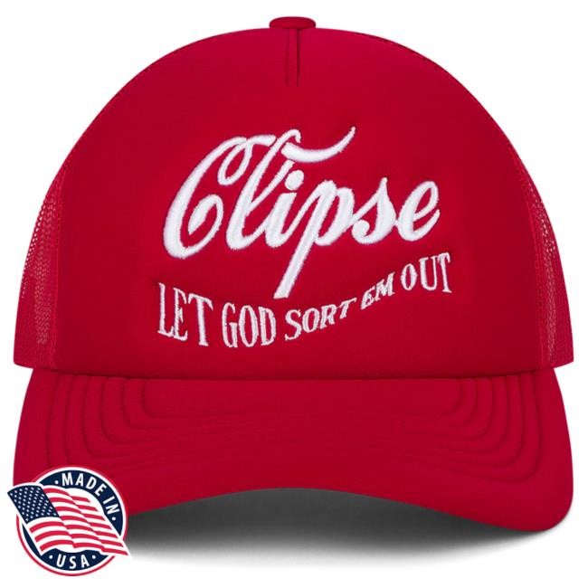 Let God Sort Em Out Denim Tears X Clipse Trucker Cap (Red) | Clipse Merch Store Official