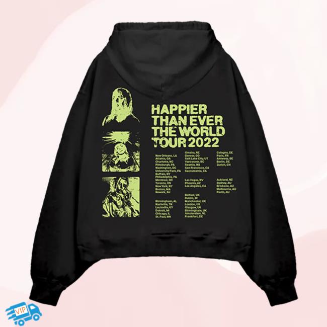 Official Interscope Records BillieEilish Merch Clothing Store Billie Eilish Happier Than Ever World Tour Black 2022 Hoodies
