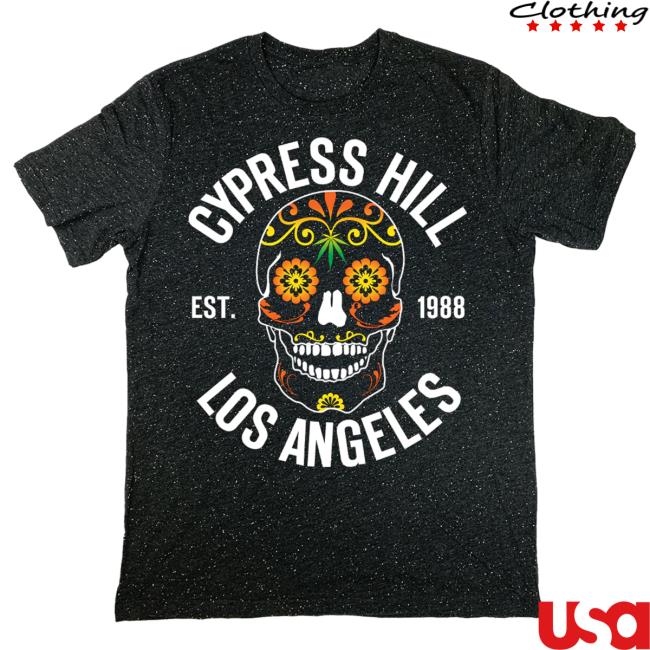 Official Cypress Hill Merch Cypress Hill Los Angeles Day Of The Dead T Shirt in Confetti Black CypressHill