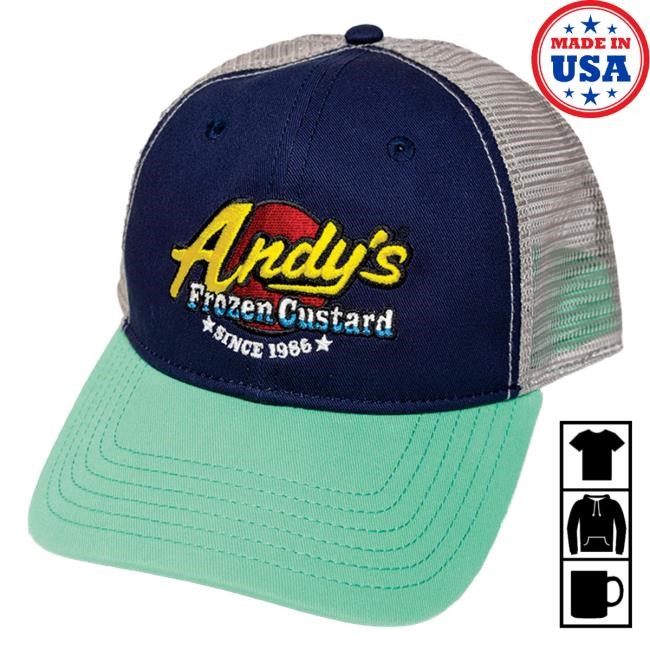 Official Andy's Frozen Custard Merch NEW! Trucker Hat - Embroidered Navy-Mint-Grey