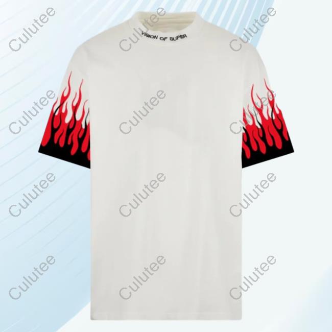 Official Vision Of Super White Tshirt With Printed Black And Red Flames