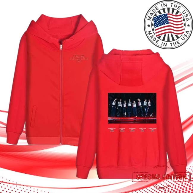 Official Stray Kids Merch Store Stray Kids 2023 5-Star Dome Tour Schedule Popover Hoodie Red StrayKids Shop