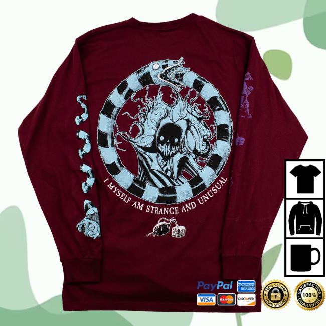 Official Any Means Necessary Clothing Beetlejuice I Myself Am Strange And Unusual Long Sleeve Shirt 2023 Burgundy